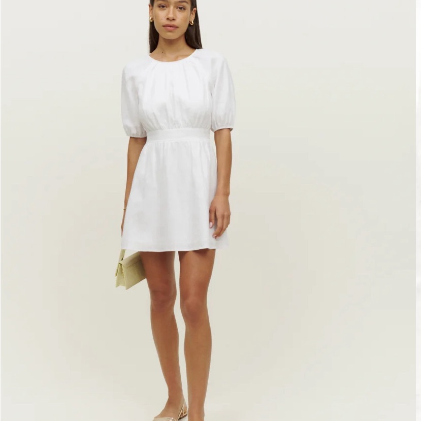 Reformation White Puff-Sleeve Mini Dress